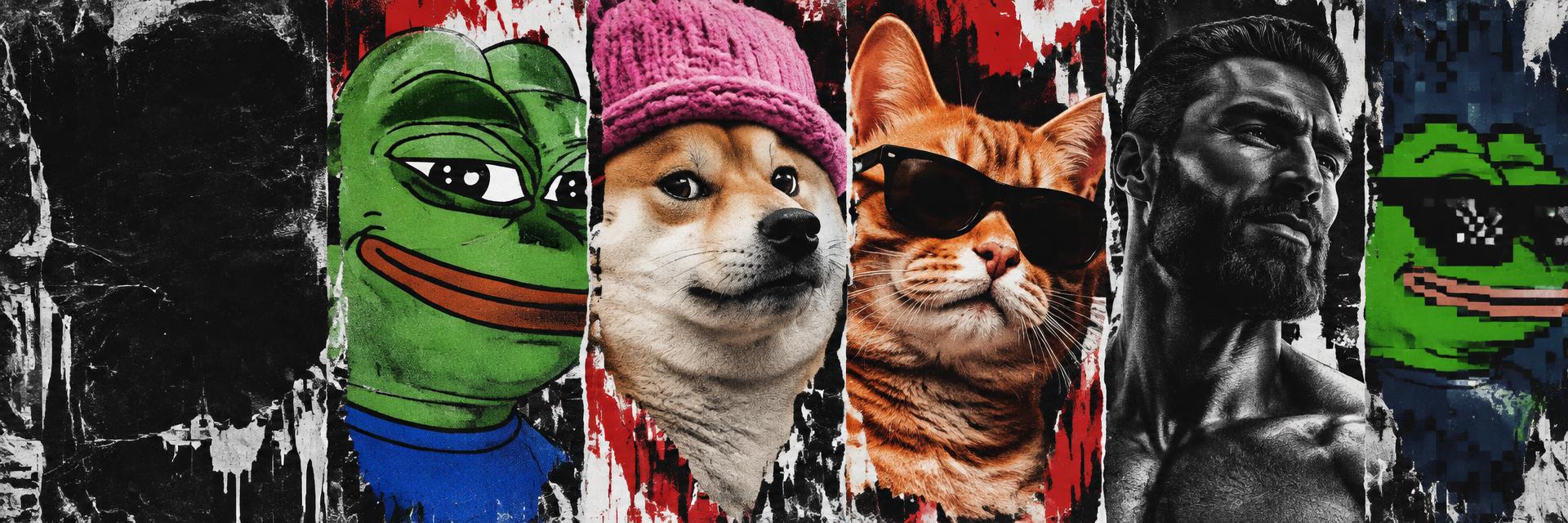 Meme characters in a torn-poster collage